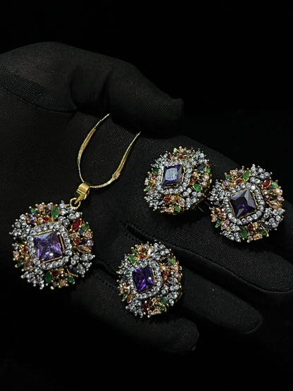 Elegant Colorful Crystal Necklace and Earring Set - Vibrant Antique Style Jewelry for Women