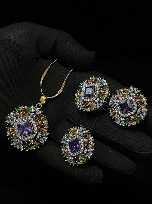 Elegant Colorful Crystal Necklace and Earring Set - Vibrant Antique Style Jewelry for Women