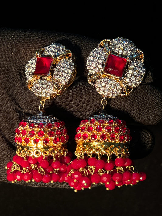 Elegant Red Gemstone Drop Earrings with Golden Detailing
