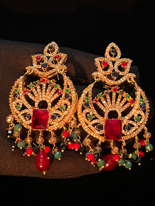 Royal Peacock-Inspired Chandelier Earrings with Multi-Color Stones