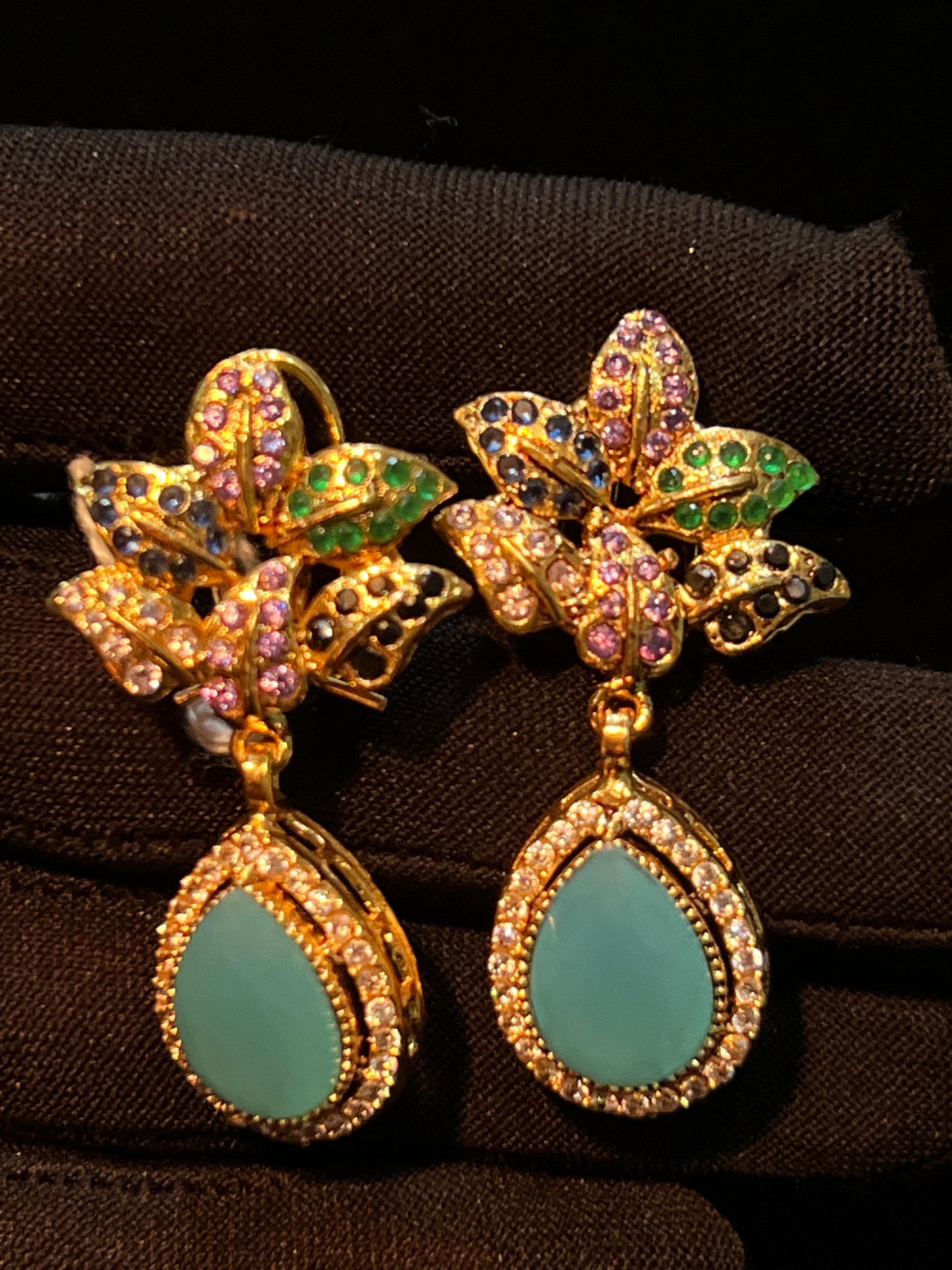 Elegant Gold-Plated Earrings with Multi-Color Stones and Teardrop Pendant