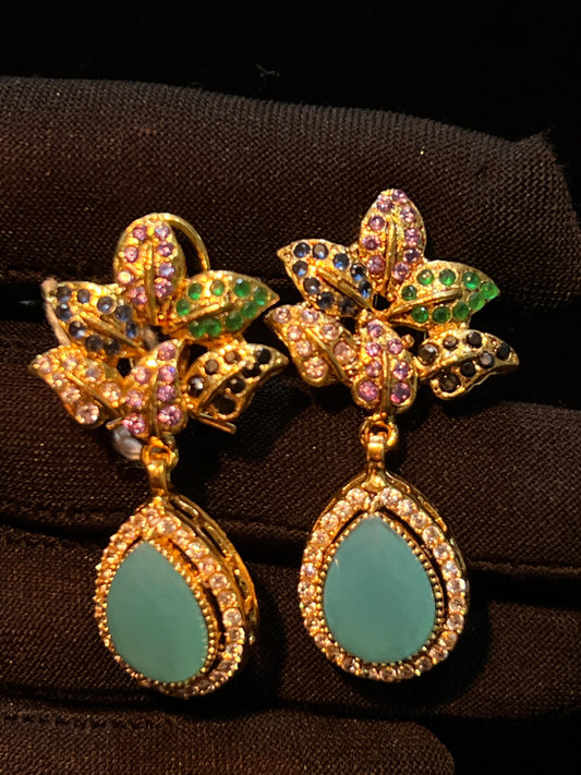 Elegant Gold-Plated Earrings with Multi-Color Stones and Teardrop Pendant