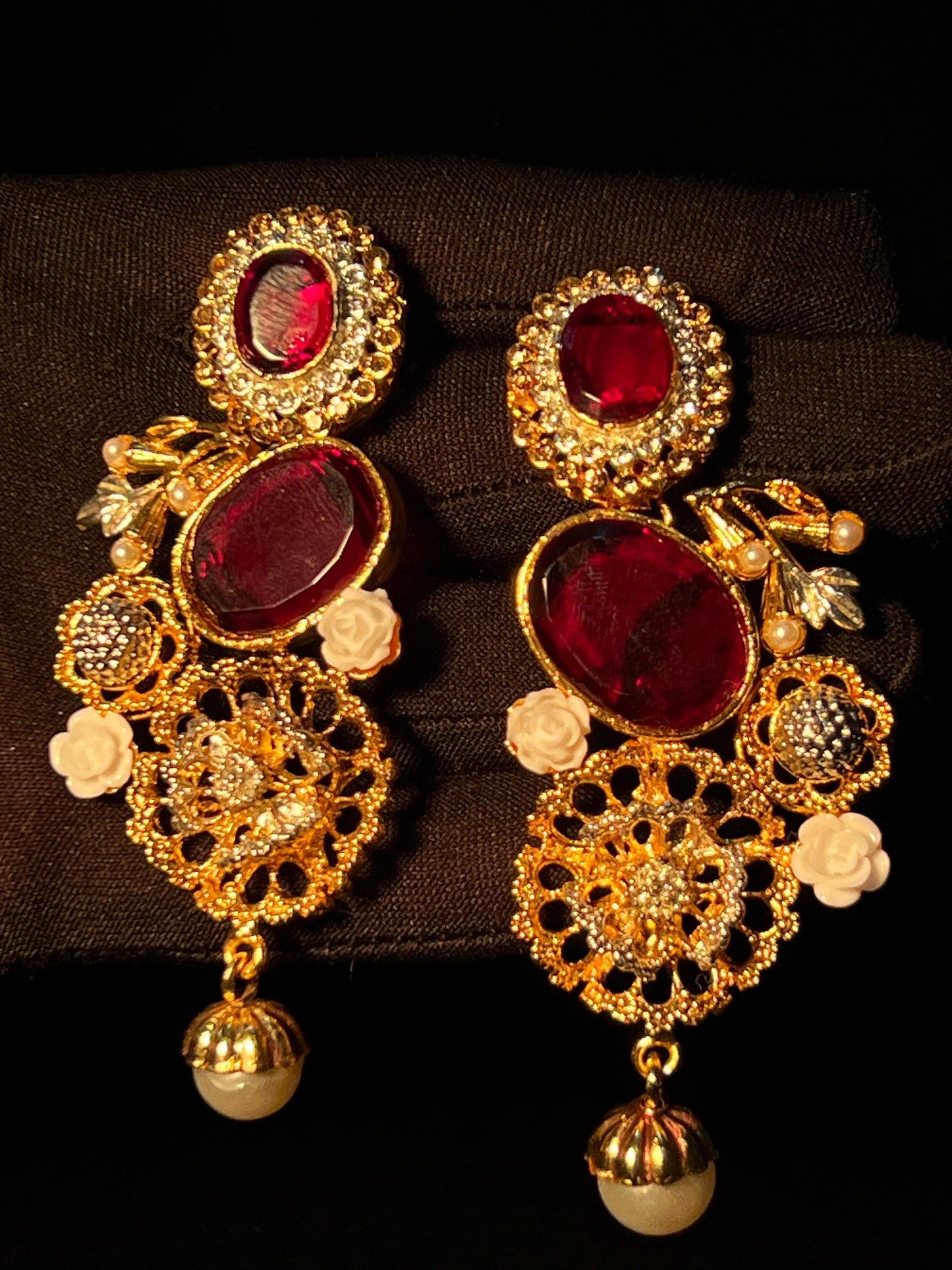 Elegant Green Stone, red stone & Pearl Gold-Plated Earrings - Premium Jewelry for Weddings & Parties in Pakistan