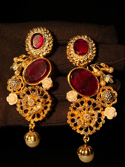 Elegant Green Stone, red stone & Pearl Gold-Plated Earrings - Premium Jewelry for Weddings & Parties in Pakistan