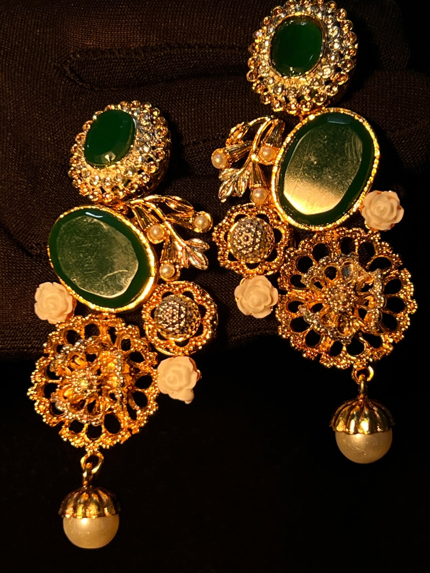 Elegant Green Stone, red stone & Pearl Gold-Plated Earrings - Premium Jewelry for Weddings & Parties in Pakistan