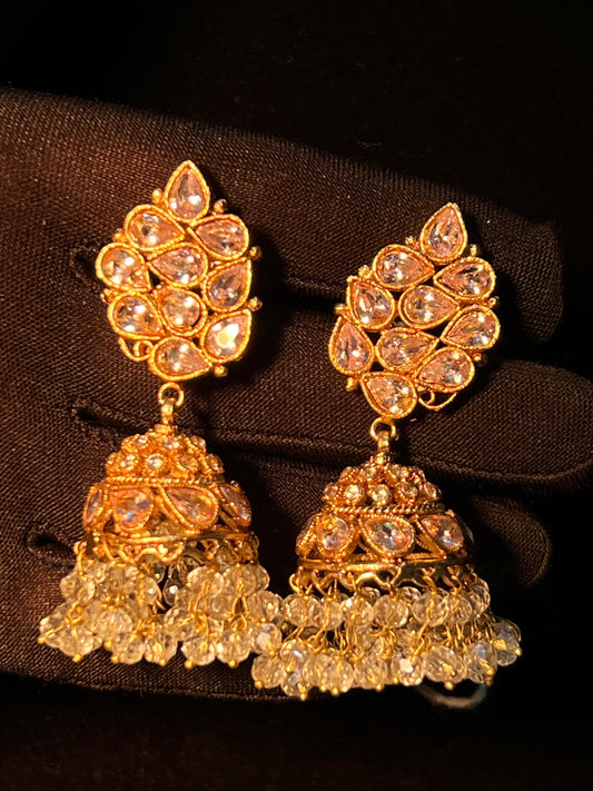 Elegant Gold-Plated Crystal Chandbali Earrings with Intricate Detailing