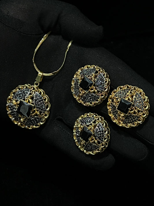 Elegant Black and Gold Jewelry Set - Necklace and Earrings with Black & Red Gemstones & Crystal Accents