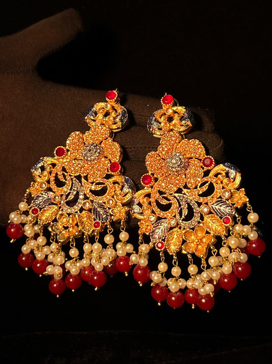 Elegant Red & Pearl Chandelier Earrings – Bridal Gold Jewelry