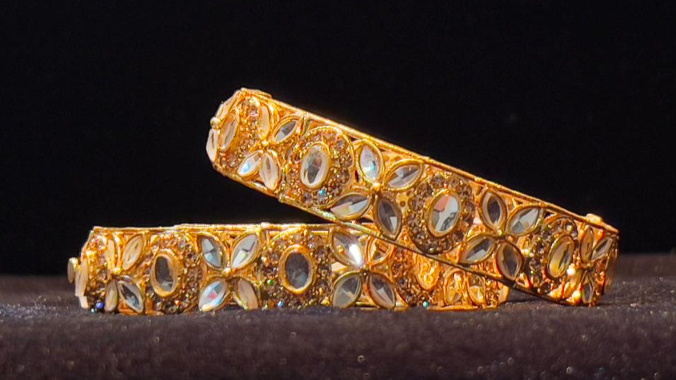 Gold-Plated Designer Bangles with Crystal Detailing | Elegant Wedding & Bridal Jewelry